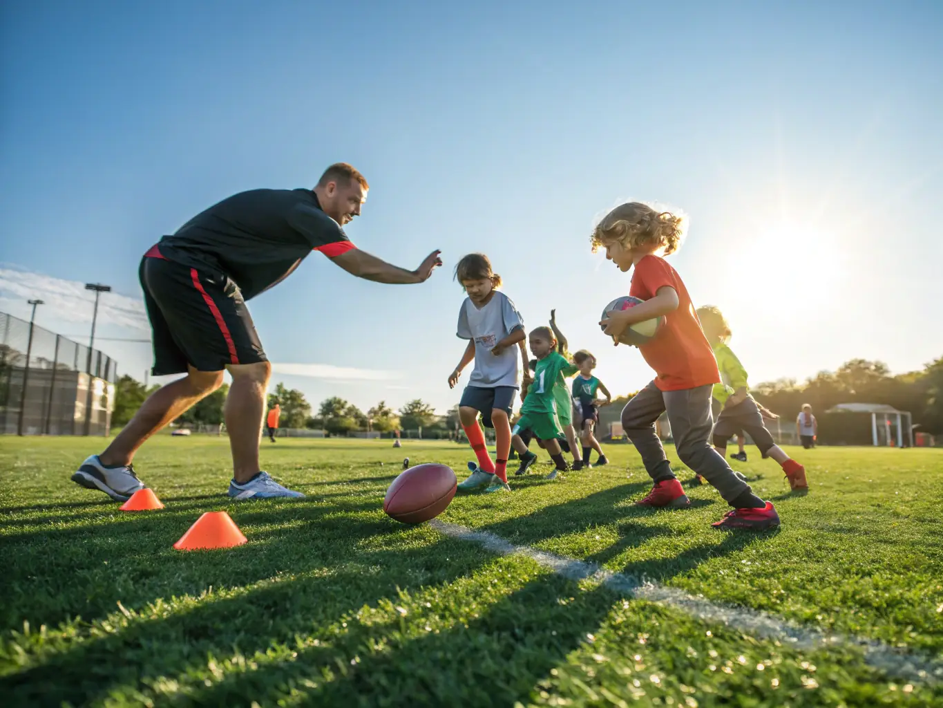 A vibrant image of children participating in a football training session at Association Sportive de Tanavelle, focusing on teamwork and skill development.