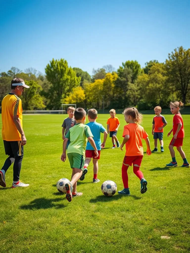 A dynamic image of children participating in a football training session, showcasing their energy and teamwork under the guidance of a coach at Association Sportive de Tanavelle.
