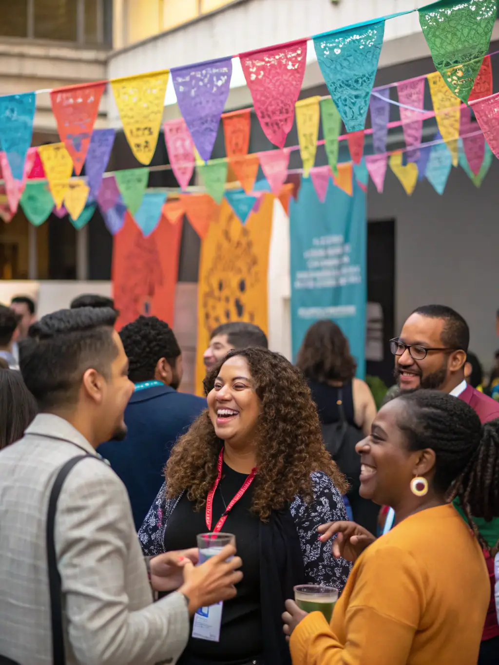 A diverse group of members interacting and supporting each other during a social event organized by the association, emphasizing the sense of belonging.
