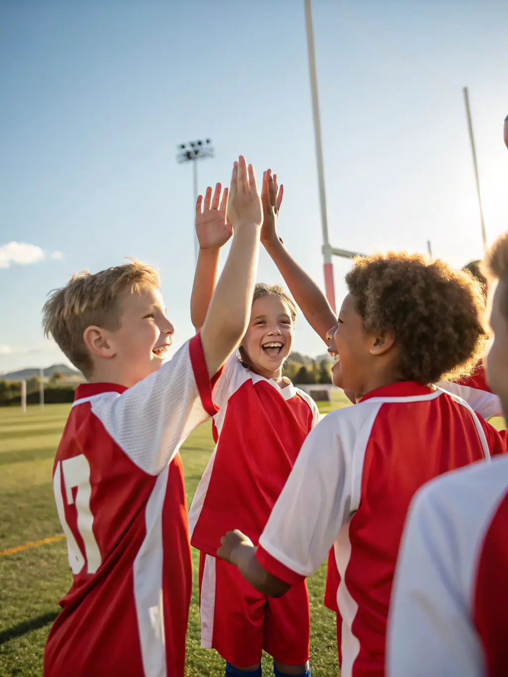 A group of young football players celebrating a victory, showcasing teamwork and camaraderie within the Association Sportive de Tanavelle.