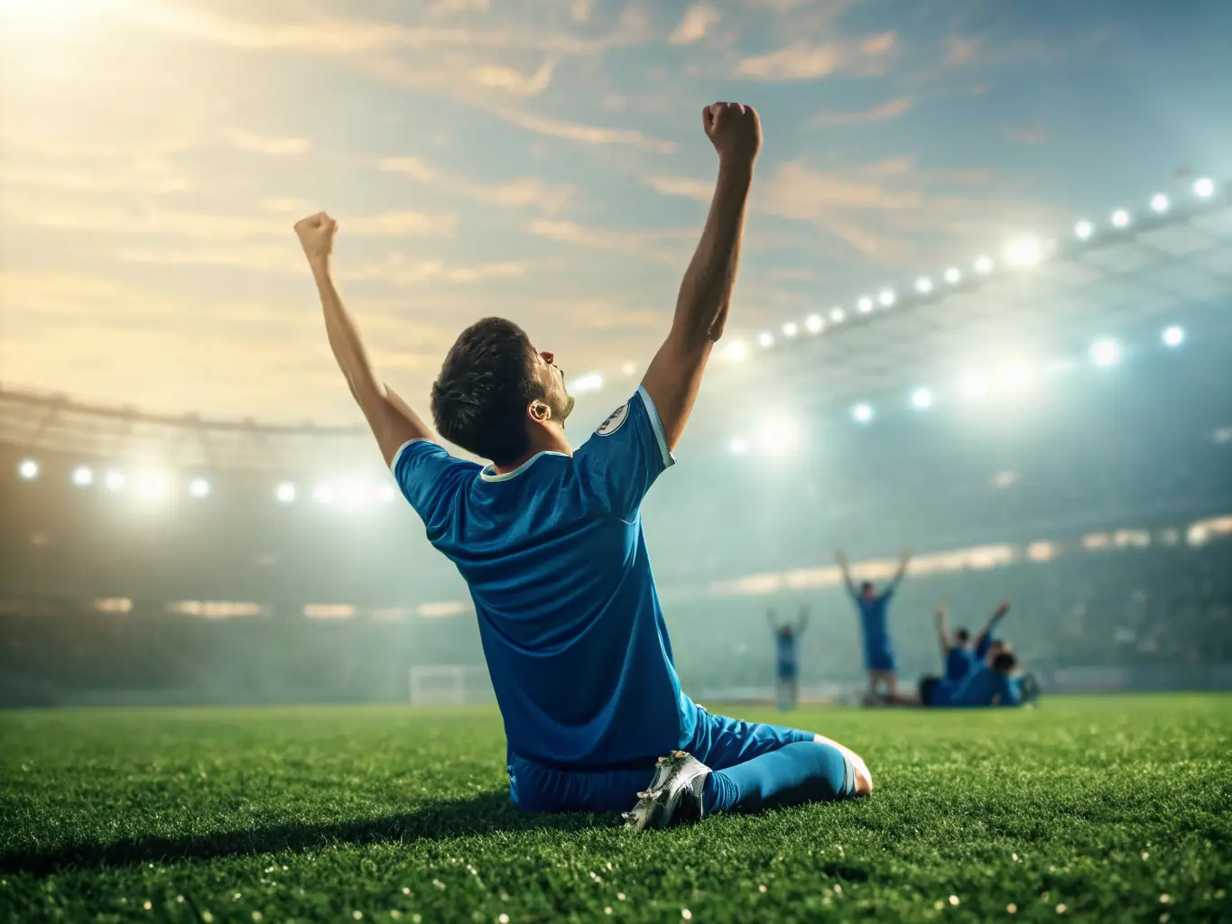 A dynamic image of young football players celebrating a goal during a match, showcasing the excitement and camaraderie of the sport.