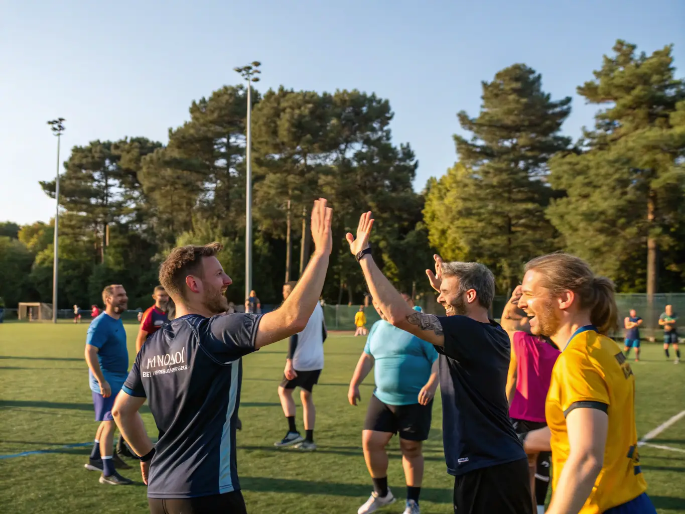 A diverse group of members socializing and laughing together after a game, highlighting the inclusive and friendly atmosphere of the association.