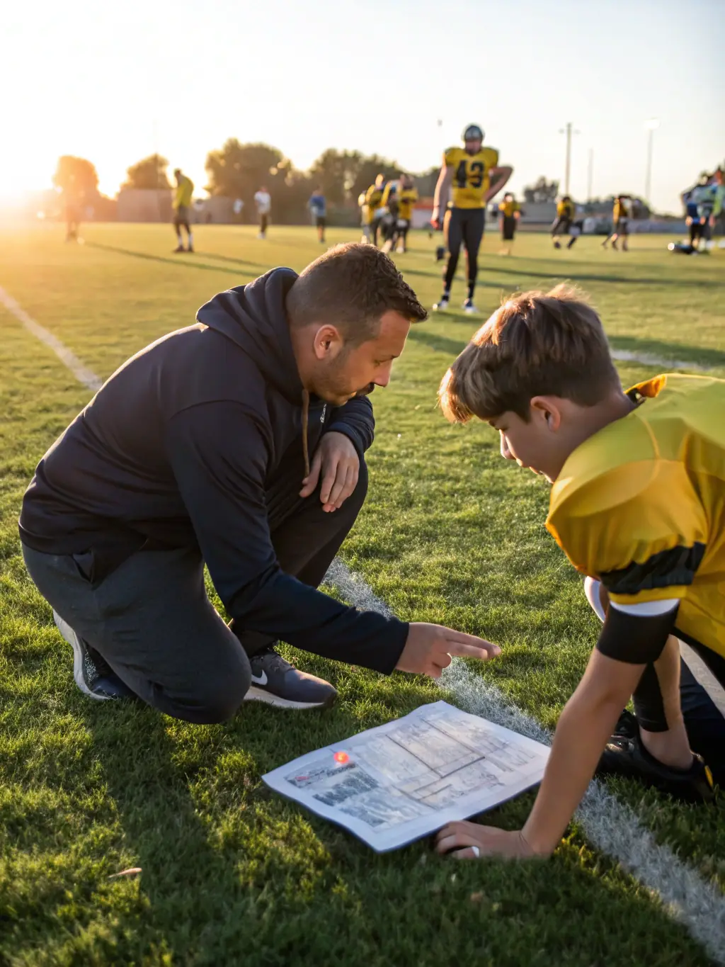 A coach mentoring a young player during a training session, emphasizing the personal growth and development opportunities within the association.